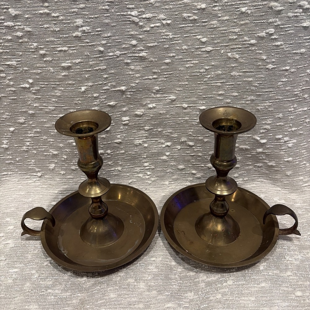 Vintage Solid Brass Candle Holders Set of 2‎ Finger Loop Thumb Rest 6 "Tall